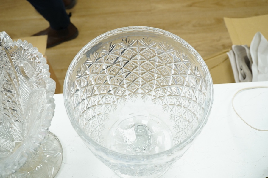 Two late 19th / early 20th century large cut glass vases, largest 37cm high. Condition - fair, some minor chips